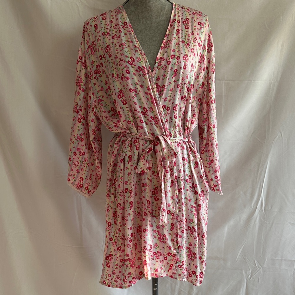 Josie Silk Pink Floral Wrap Robe with Tie Waist - Women's Lounge Kimono